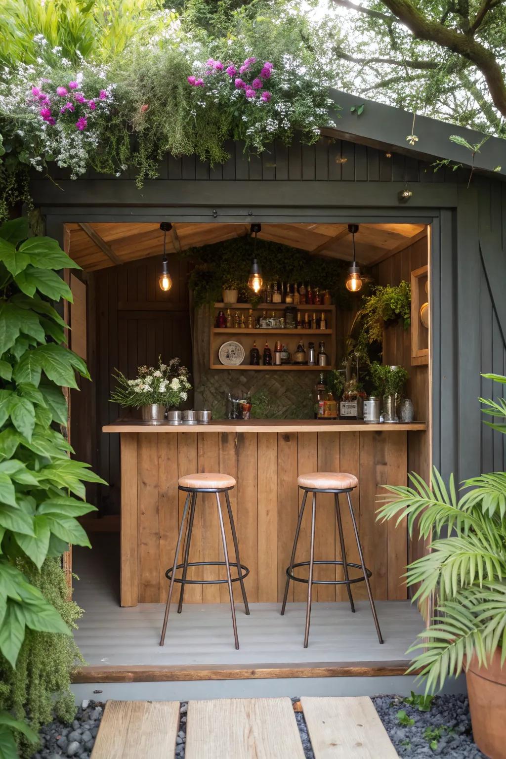 Host in style with a mini bar setup in your garden shed.