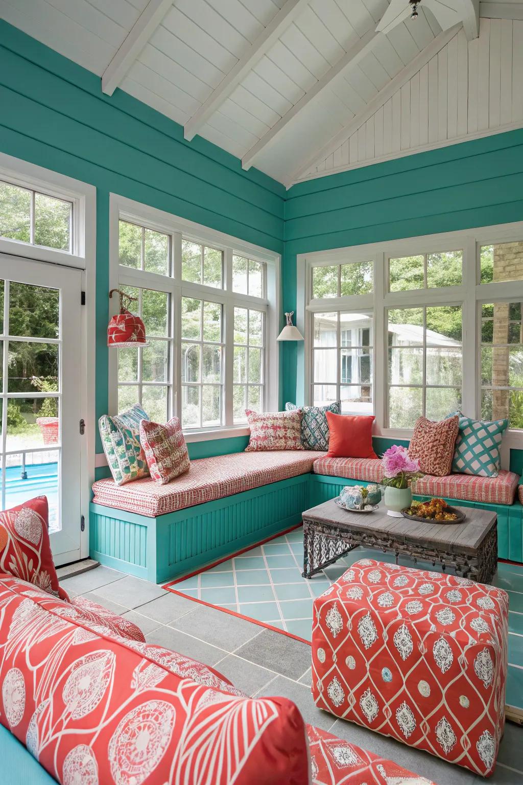 Bold hues bring life to a cheerful pool house.