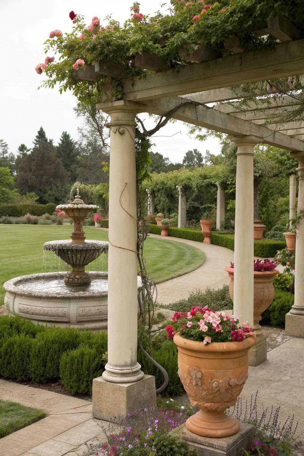 Decorative elements add a touch of Italian elegance to this pergola.