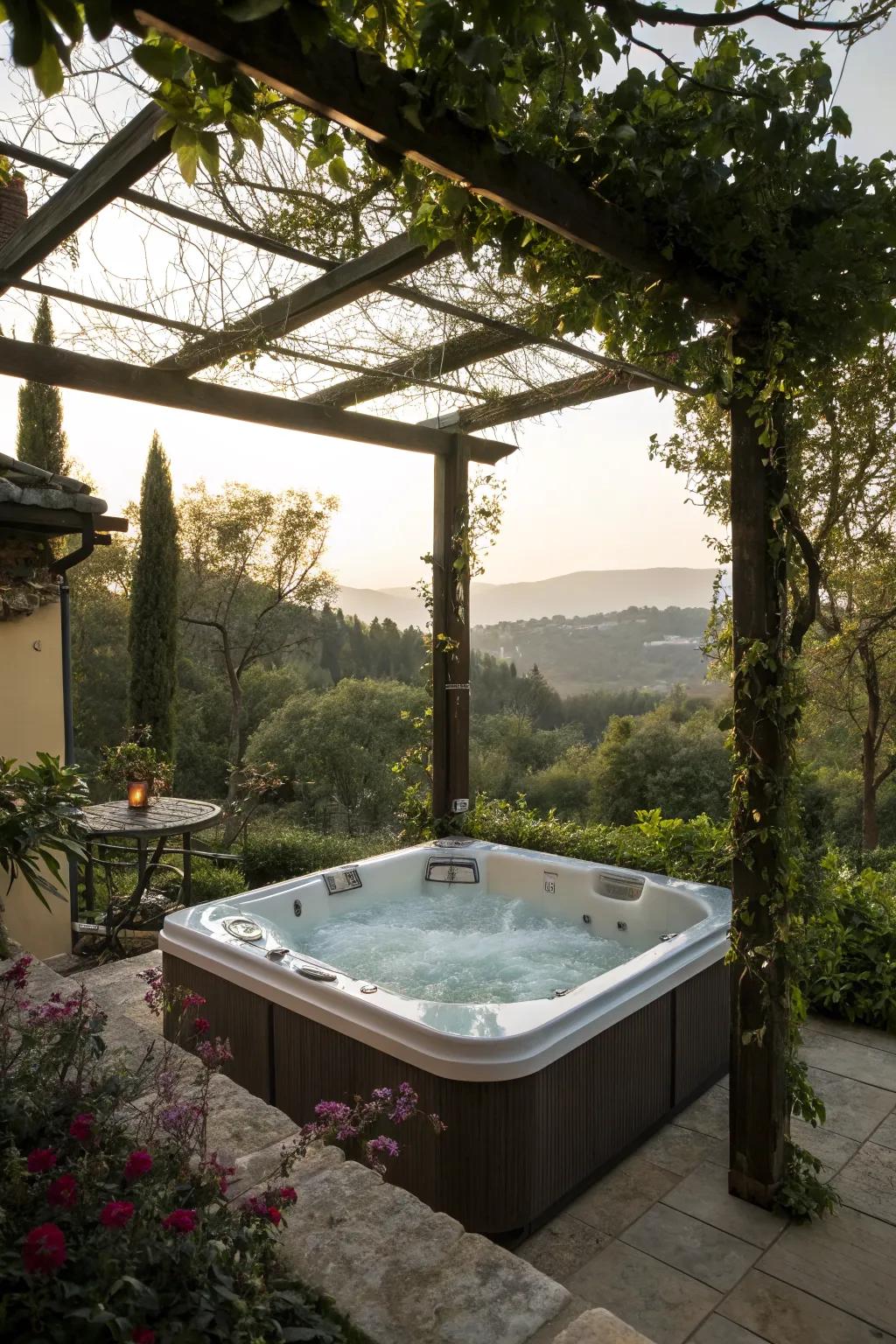 A shaded jacuzzi under a beautiful pergola