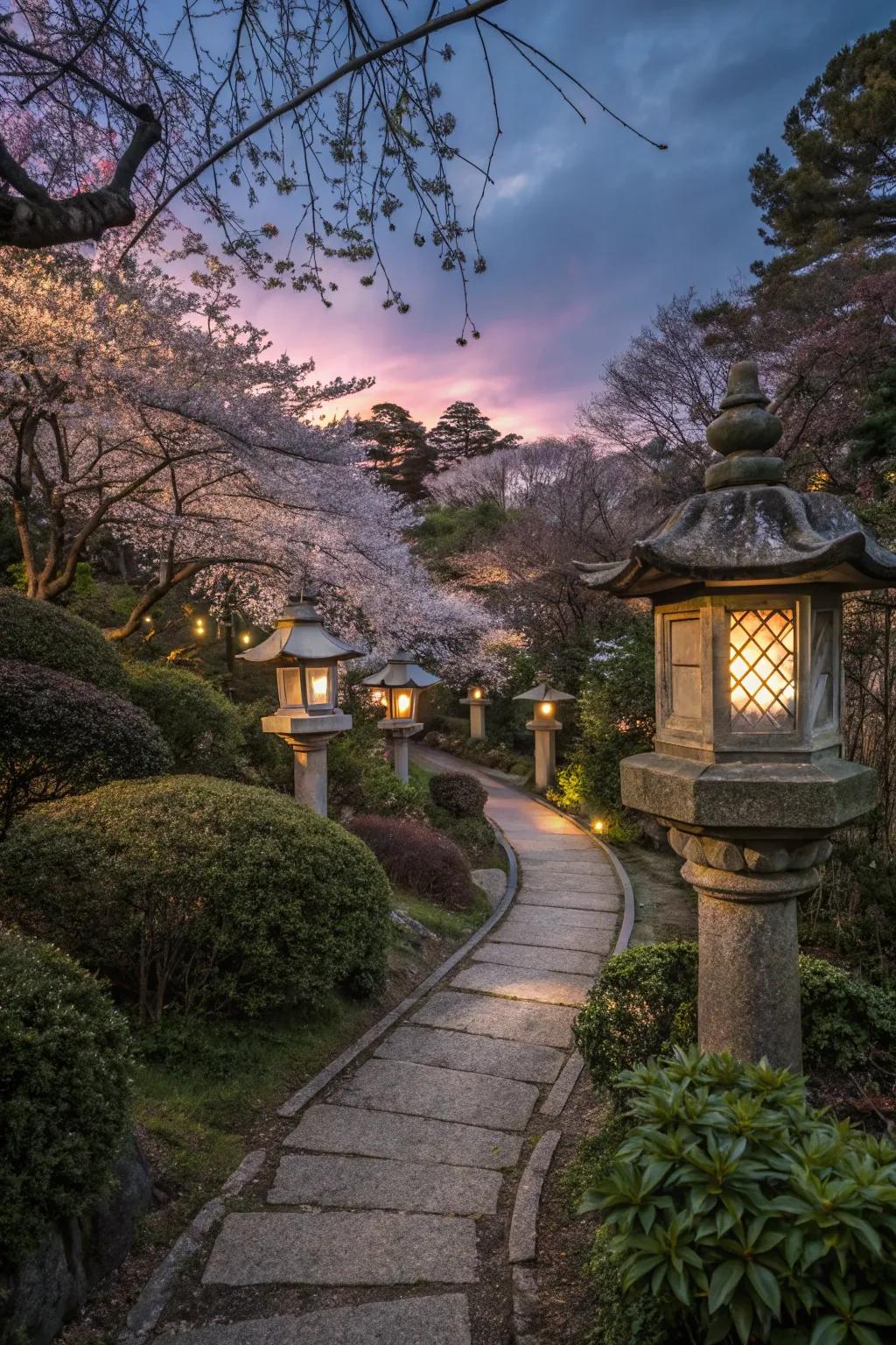 Japanese garden path illuminated by traditional stone lanterns, creating a magical evening atmosphere.