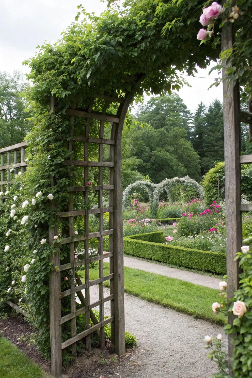 A privacy screen trellis offers beauty and seclusion in the garden.