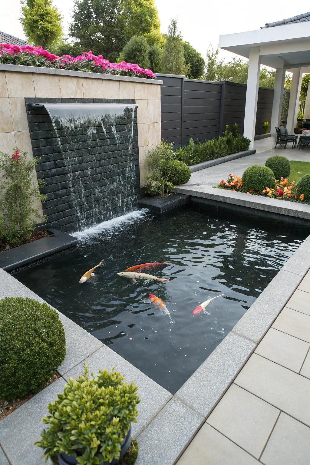 A water wall adds a modern touch to your koi pond.