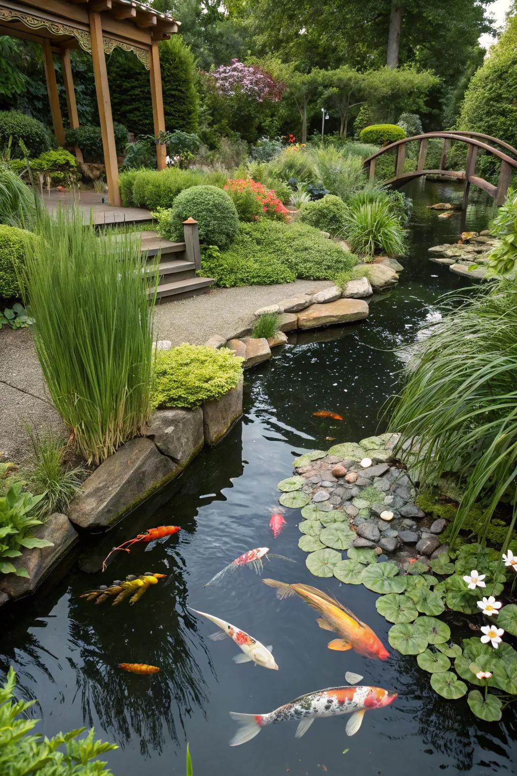 A diverse array of plants enhancing the biodiversity around a koi pond.