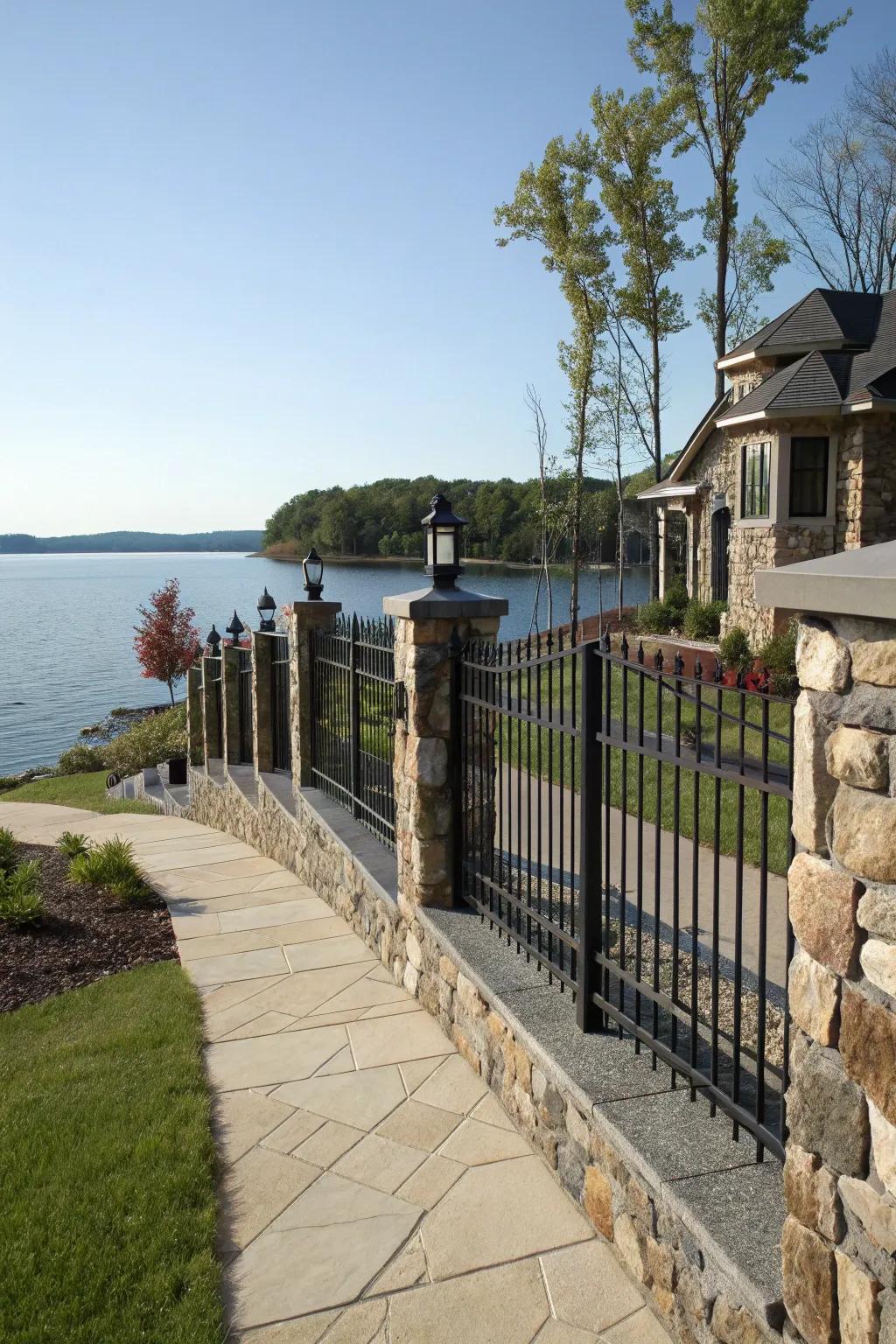 Elegant stone and metal fusion for a durable fence.
