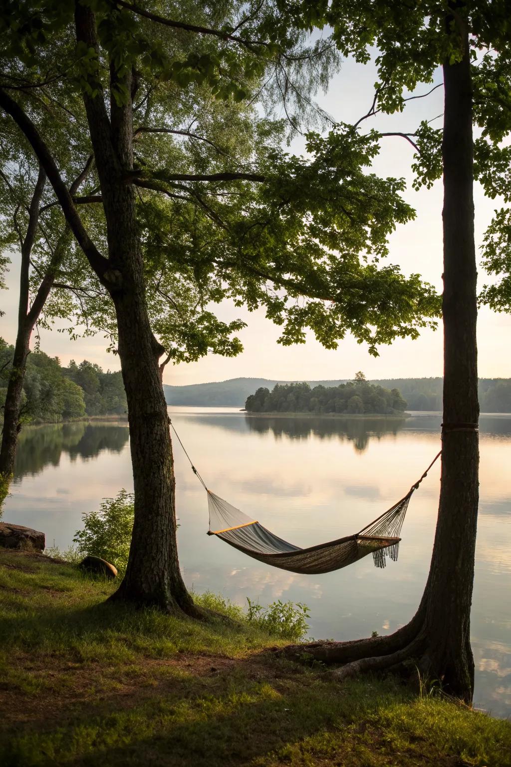 A hammock offers the ultimate relaxation spot by the lake.