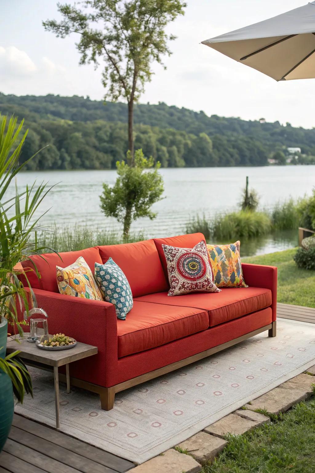 A vibrant sofa that serves as a focal point for the patio.