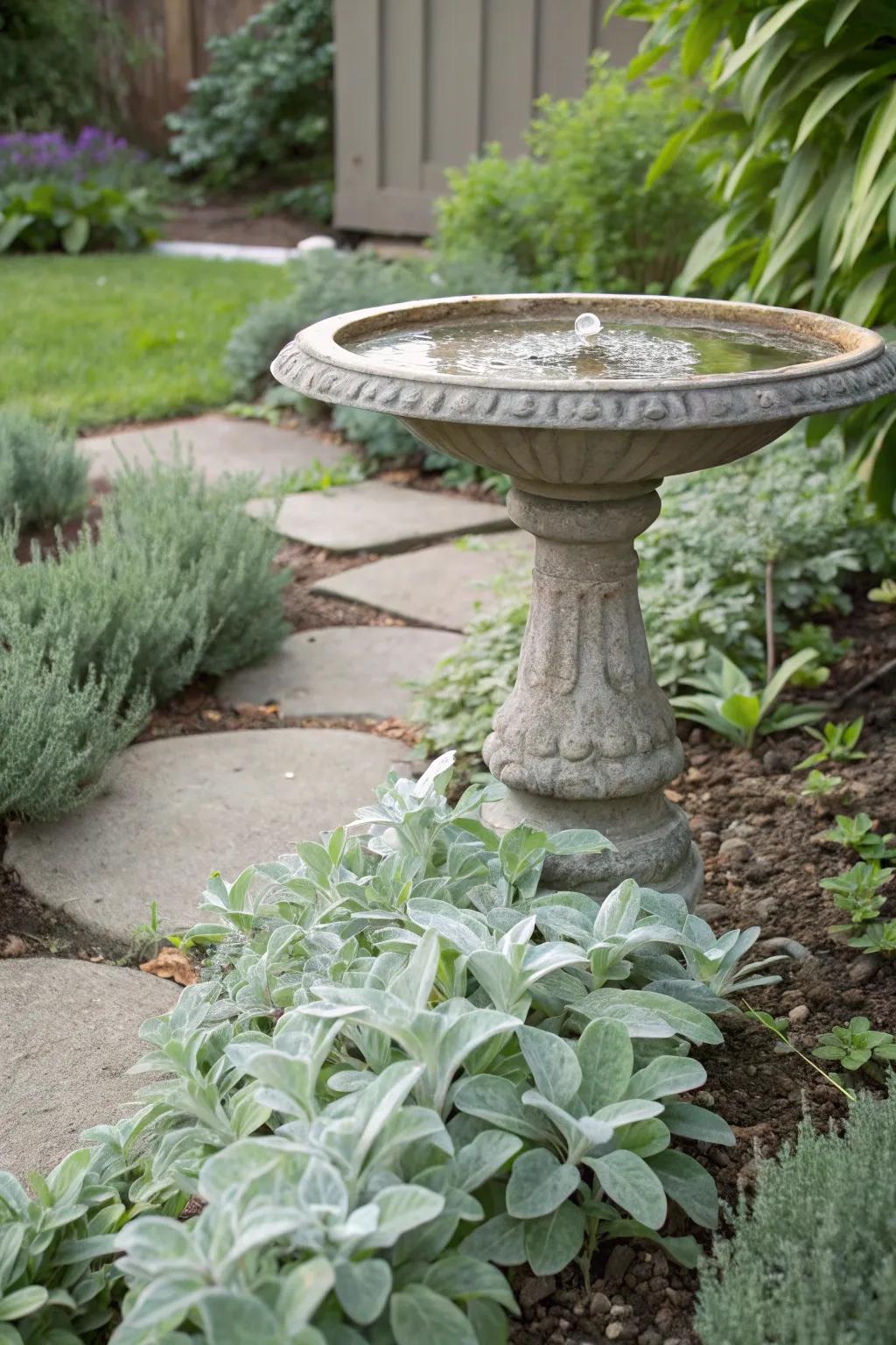 Lamb's ear frames a birdbath, inviting both nature and beauty.