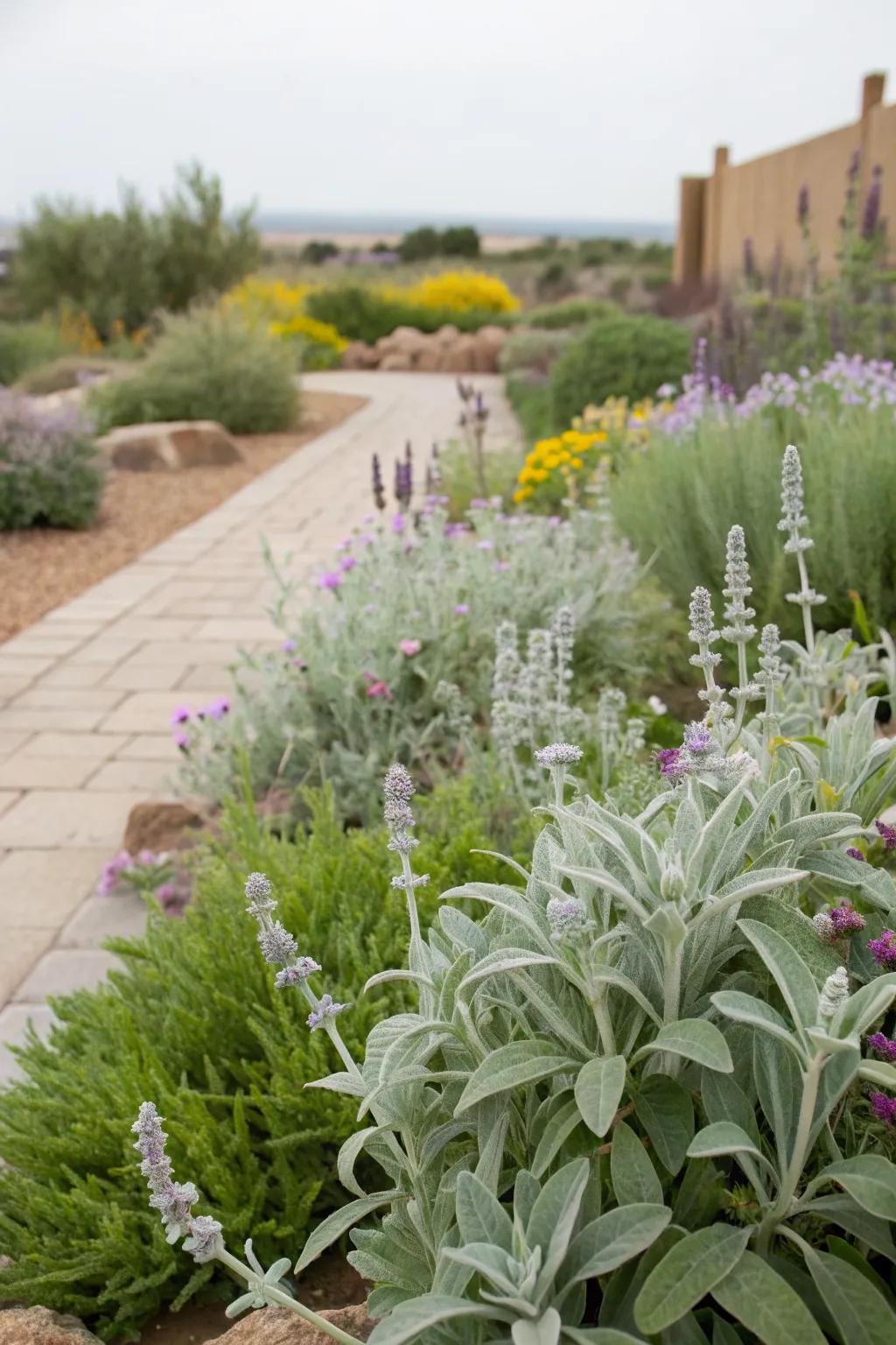 Drought-tolerant xeriscape garden featuring lamb's ear.