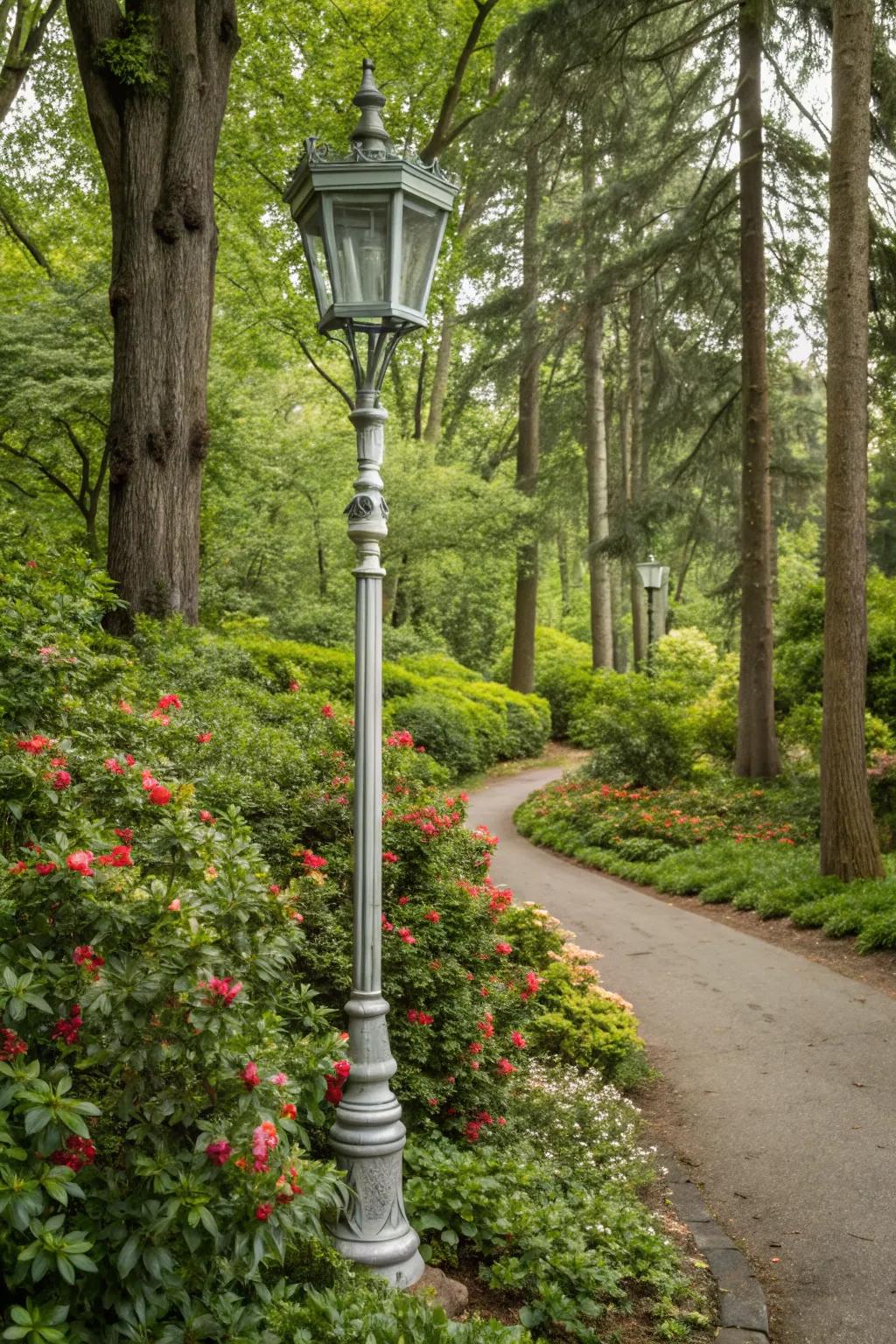 Metallic lamp posts bring a glamorous shine to your garden.