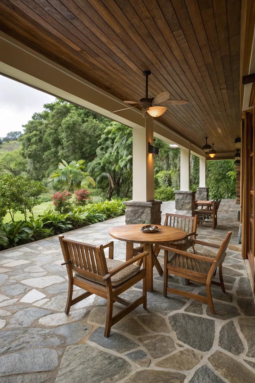 Natural textures harmonize with the outdoor setting.