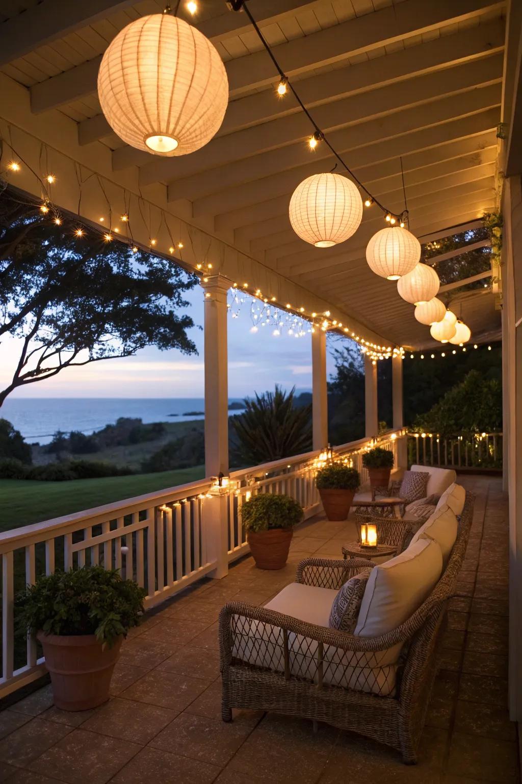 A lanai with string lights and lanterns for magical evening ambiance.