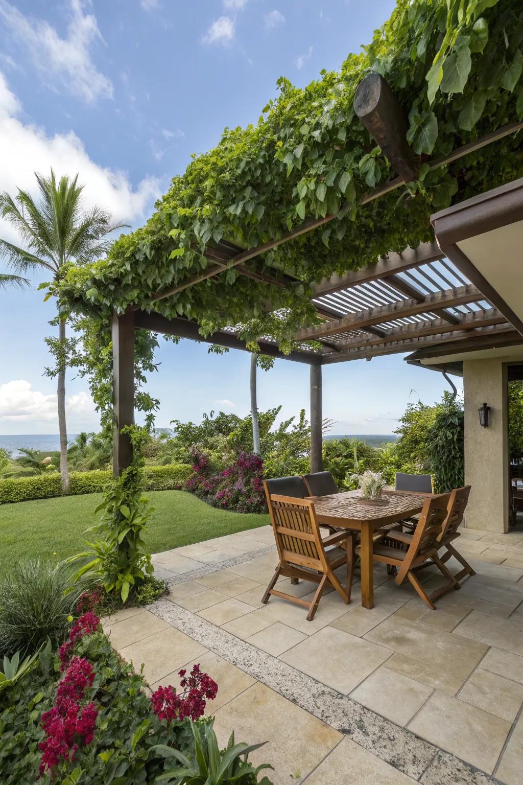 A pergola adds both style and protection to this lanai.