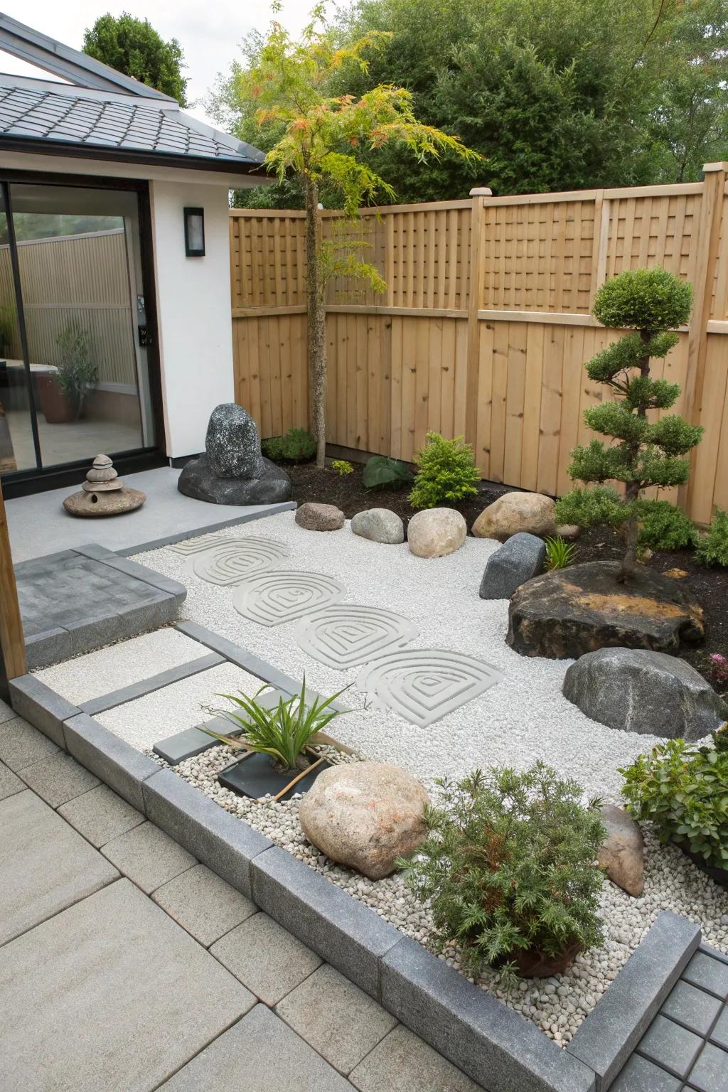 A Zen garden corner adds tranquility to your patio.
