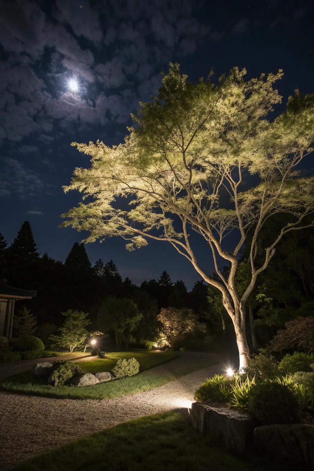 Night lighting brings an enchanting glow to a tree.
