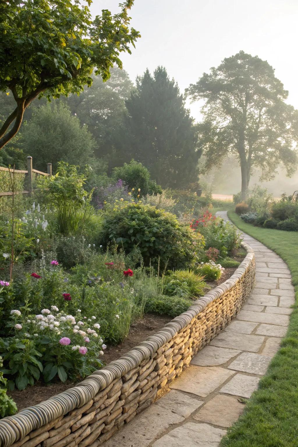 Rustic woven stone edging for a charming look.