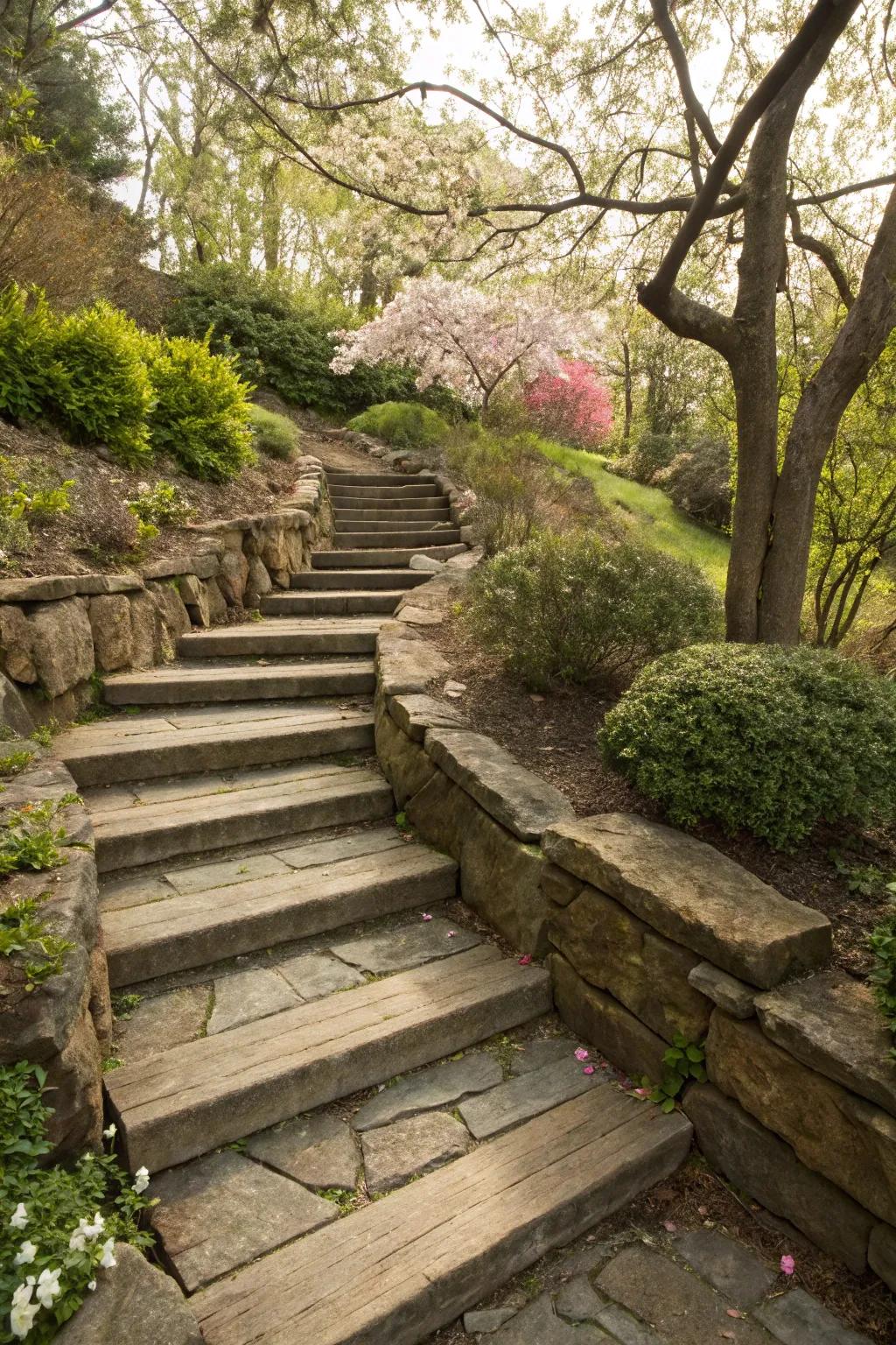 A blend of stone and wood creates a rich textural landscape.