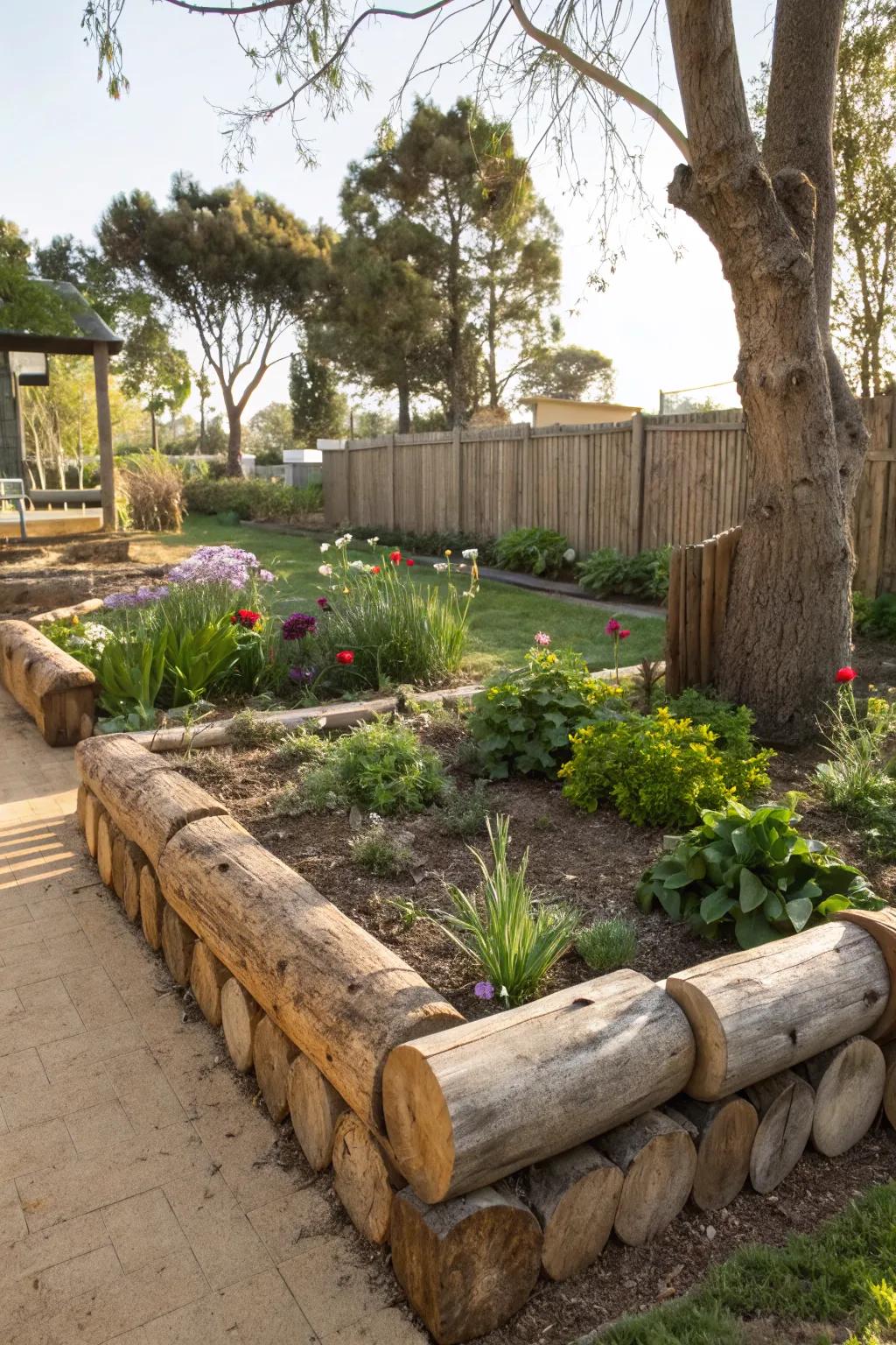 Wooden logs provide a rustic and eco-friendly garden trim.