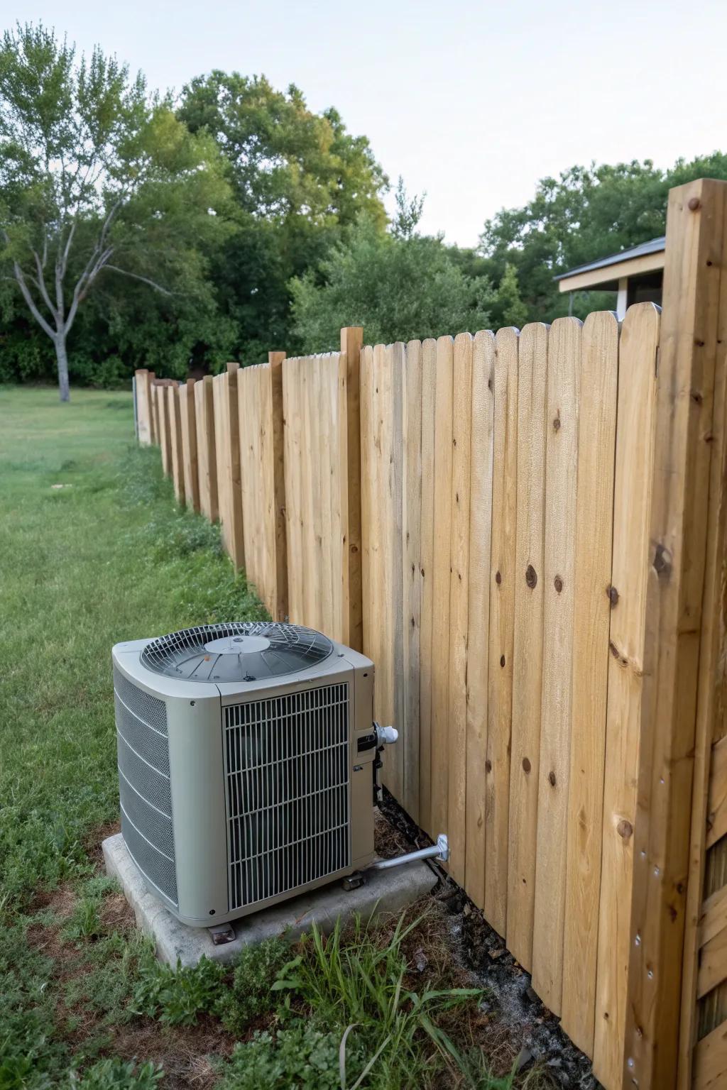 A rustic wooden fence offering warmth and charm while concealing an AC unit.