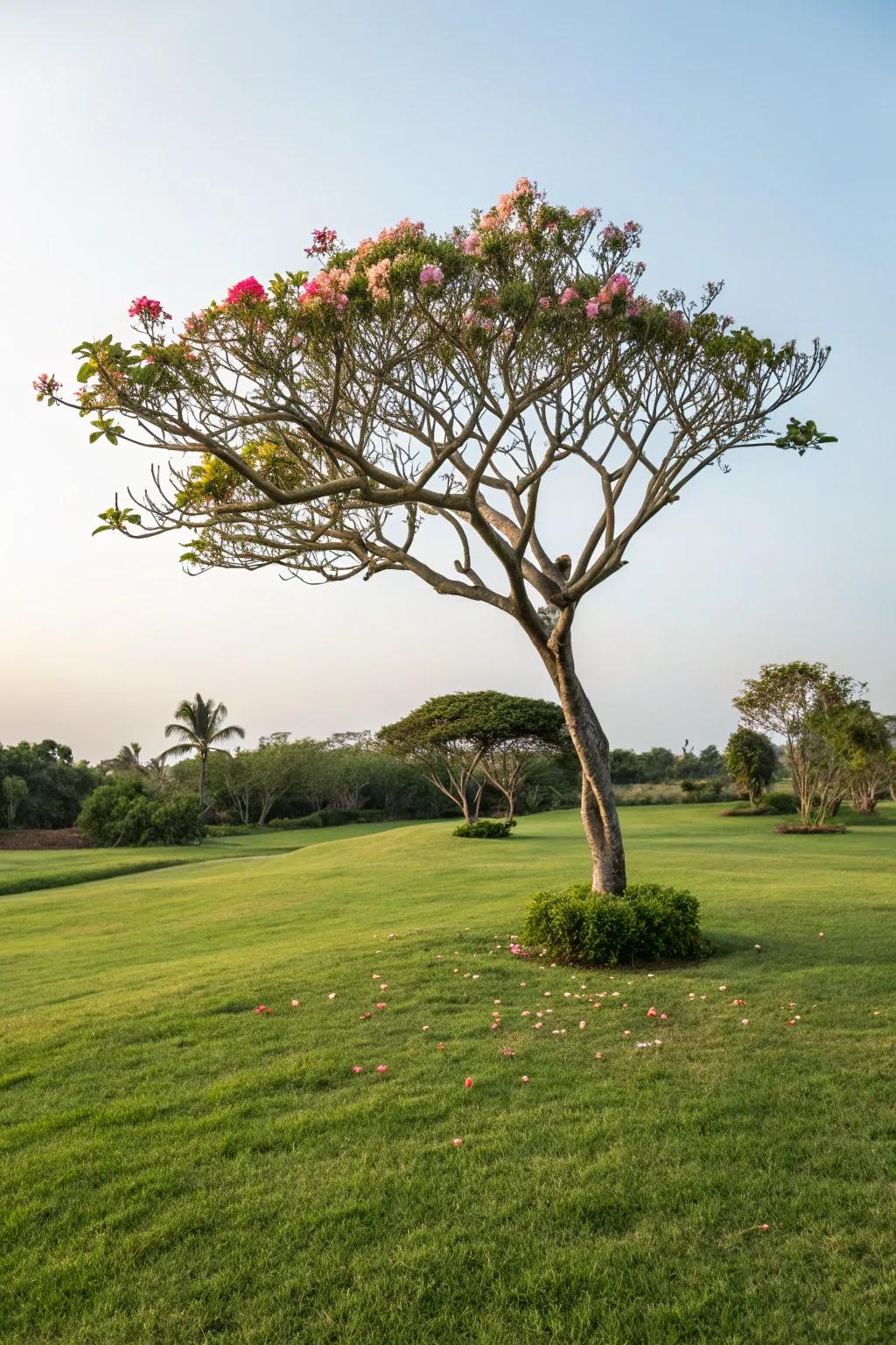 A frangipani tree as a focal point in an expansive lawn.