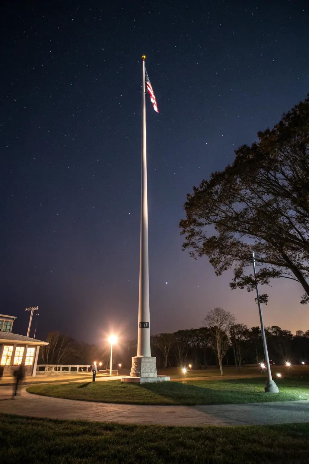 Uplighting keeps the flagpole proudly visible at night.