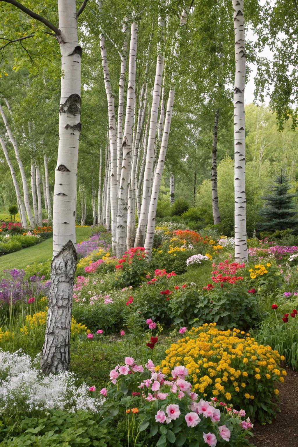 Seasonal plantings ensure your birch trees are the centerpiece of a year-round garden display.