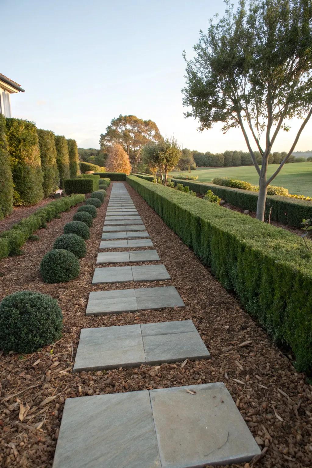 Mulch ground cover offers a clean and low-maintenance solution for walkway landscaping.