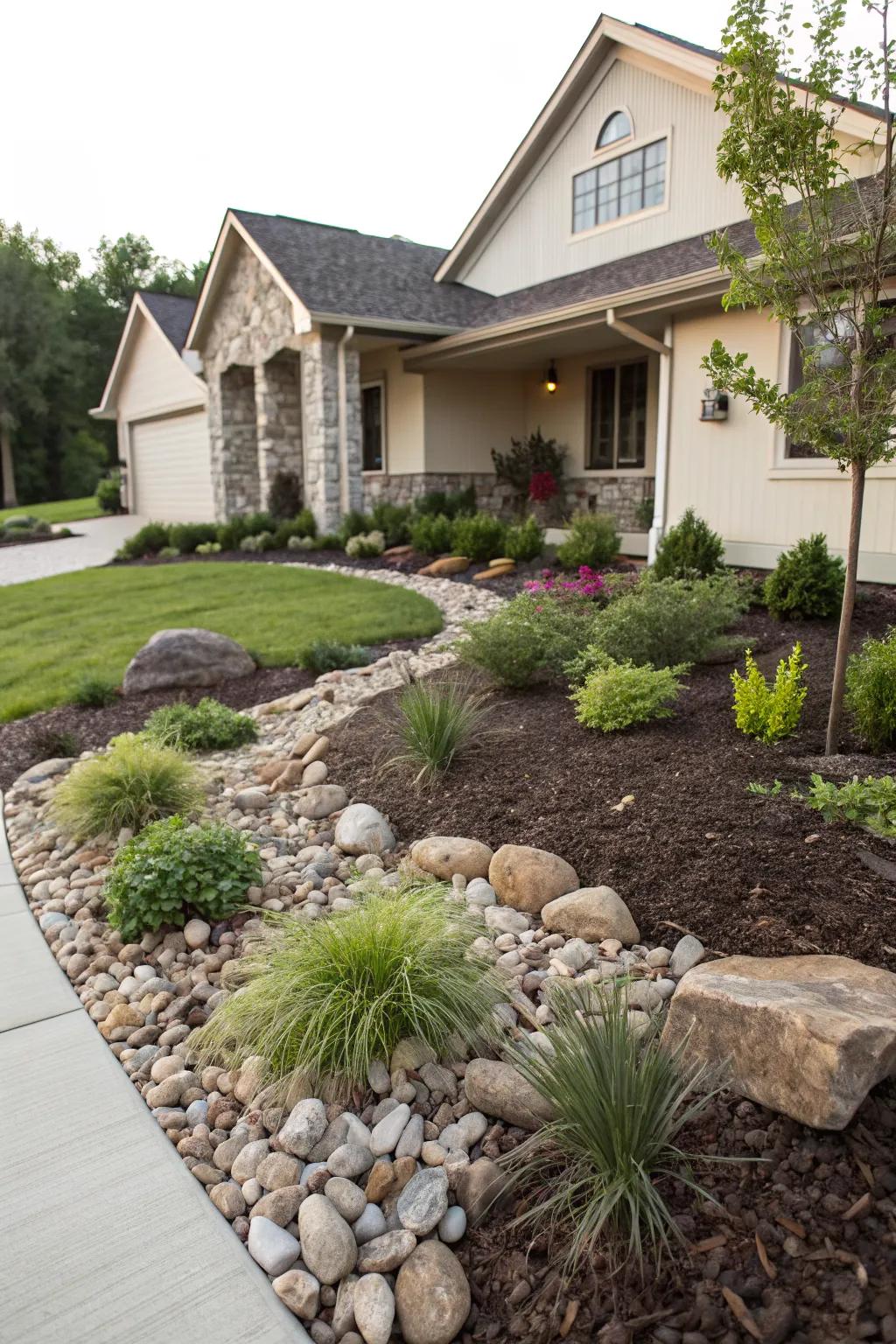 Mulch and stones add depth and texture to the garden beds.