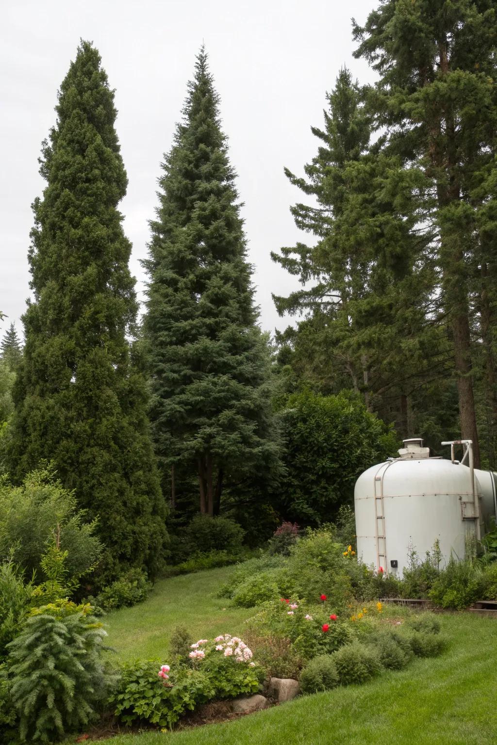 Evergreen trees offer natural, perennial concealment for your propane tank.