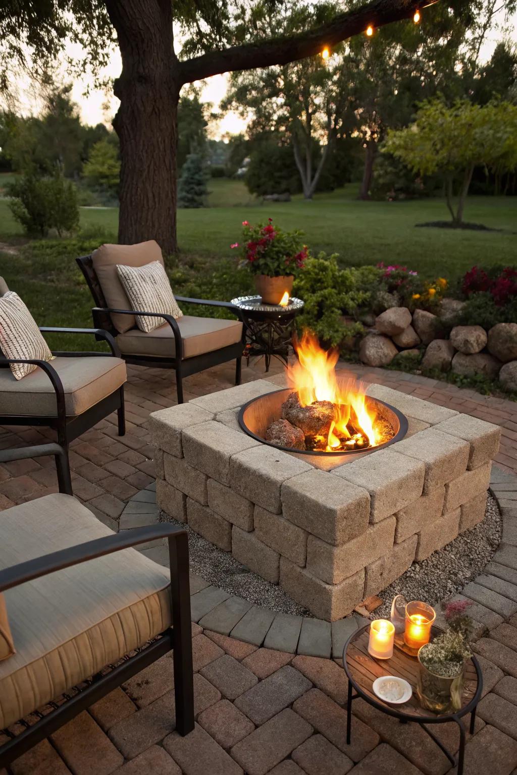 A cozy fire pit constructed with cinder blocks.