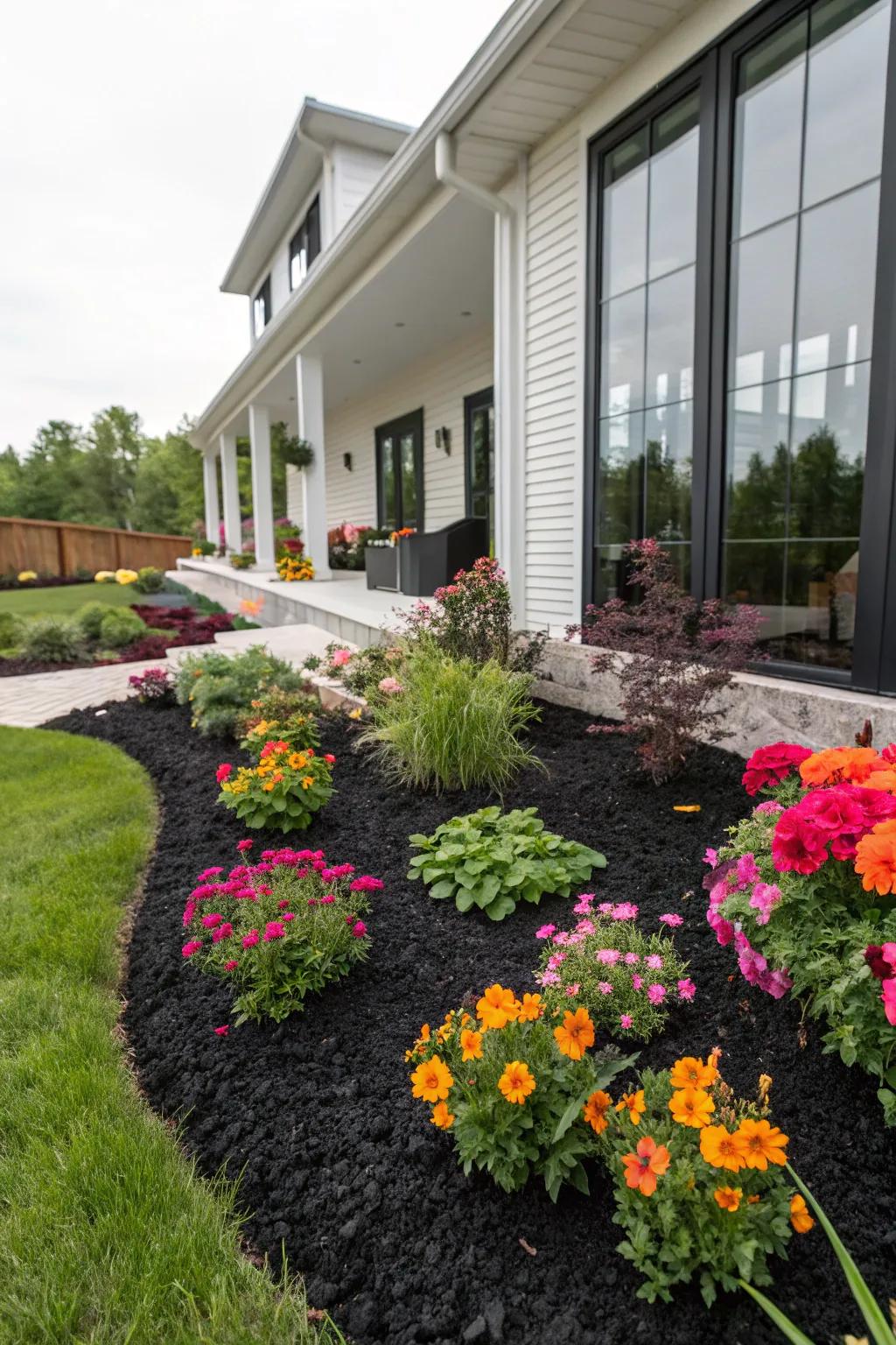A sleek, modern garden using black mulch.