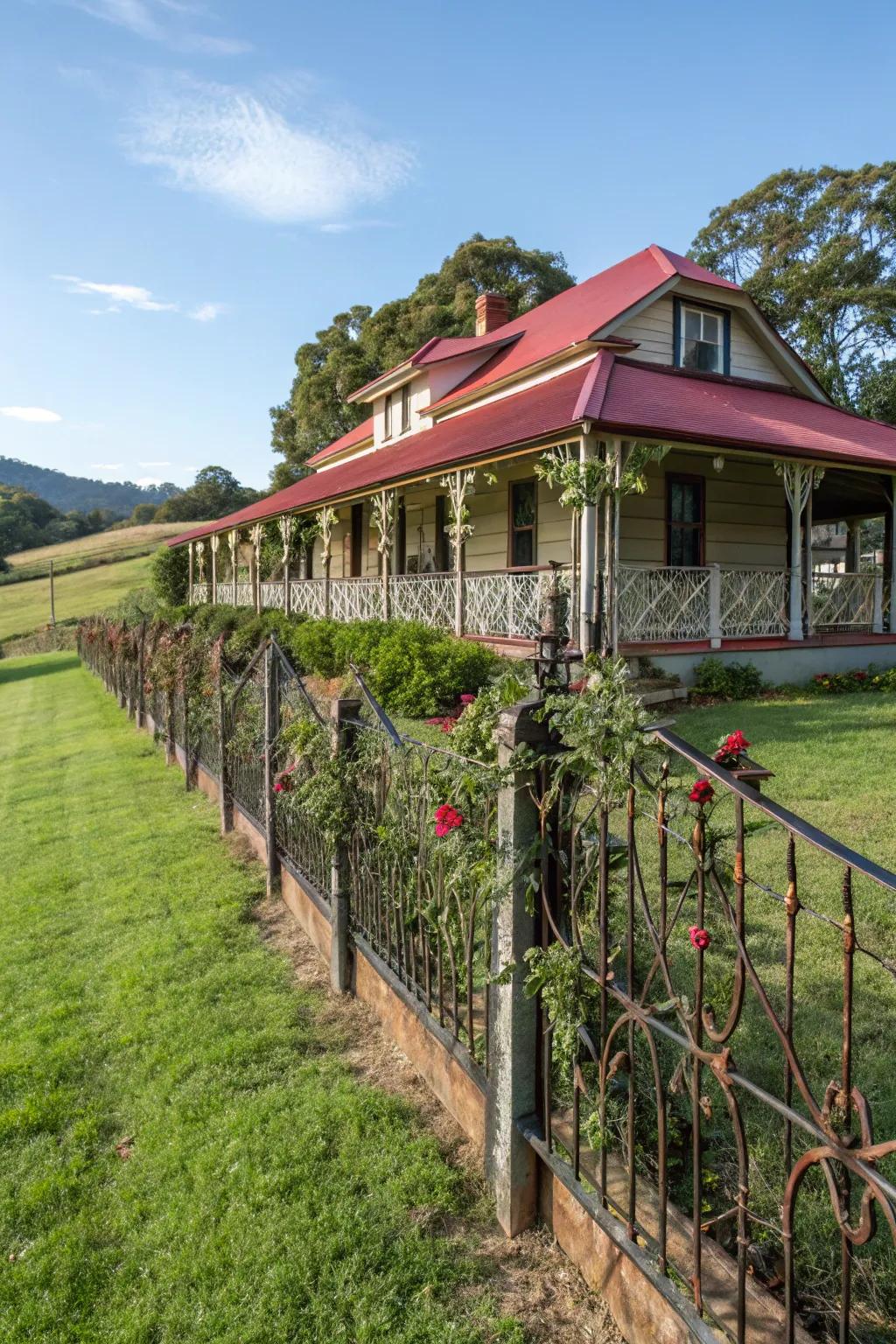 Charming decorative fencing adding both beauty and definition to a ranch-style home.