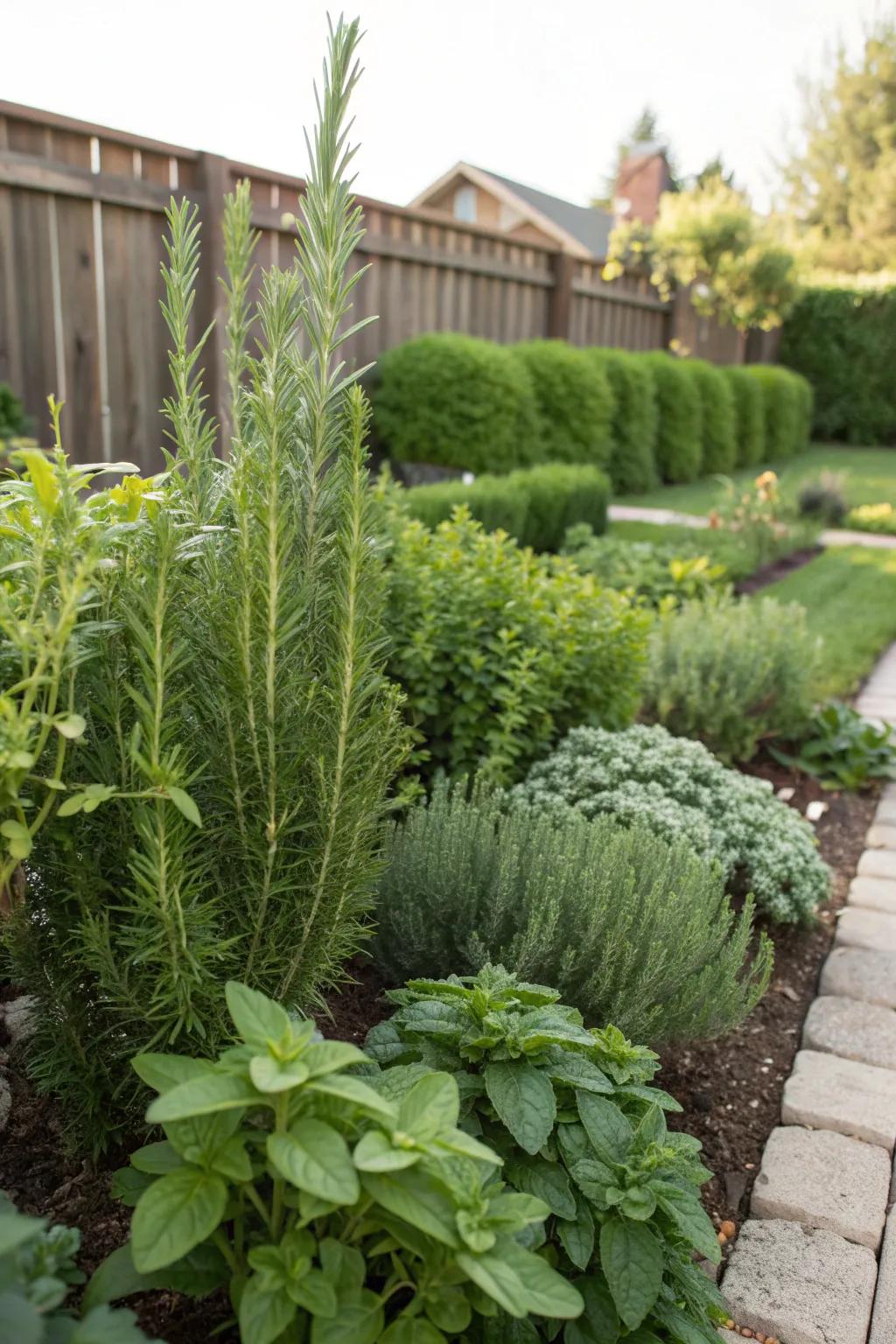 A lush herb garden featuring rosemary among other culinary herbs.