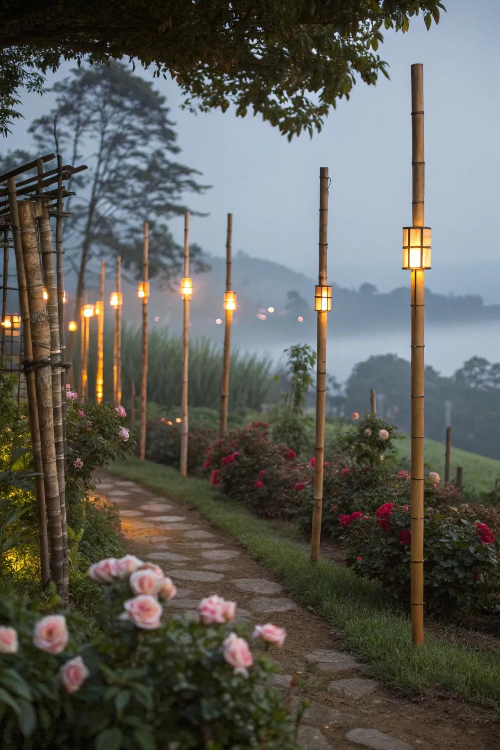 Bamboo lighting accents illuminate your garden with a magical glow.