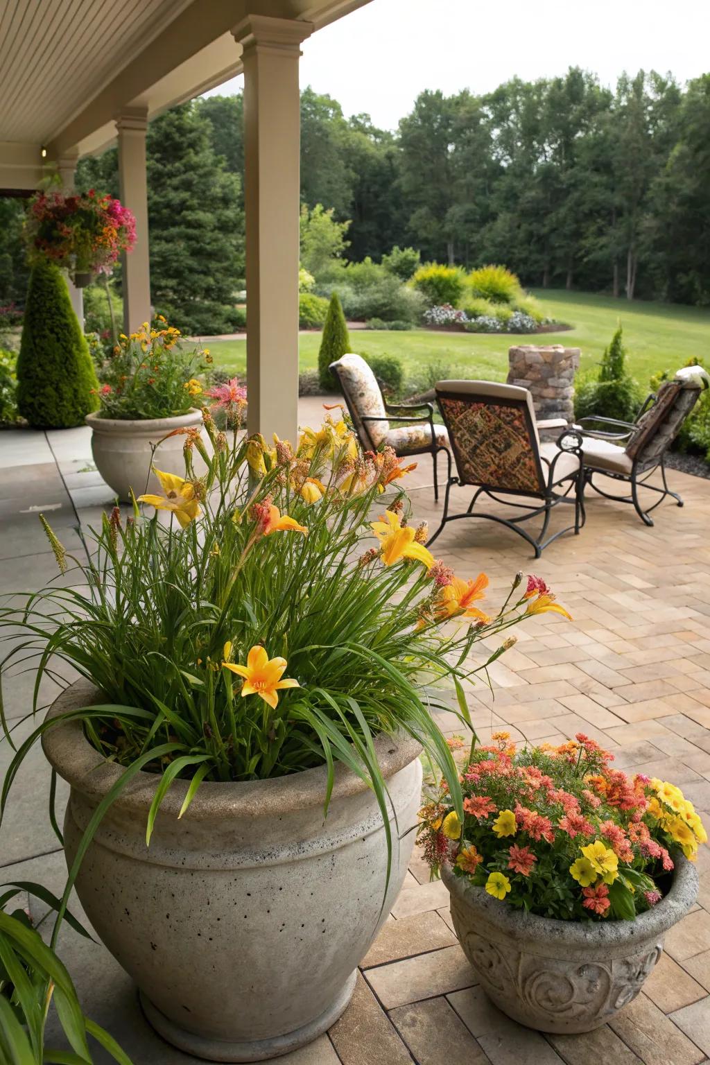 Container gardening with daylilies.