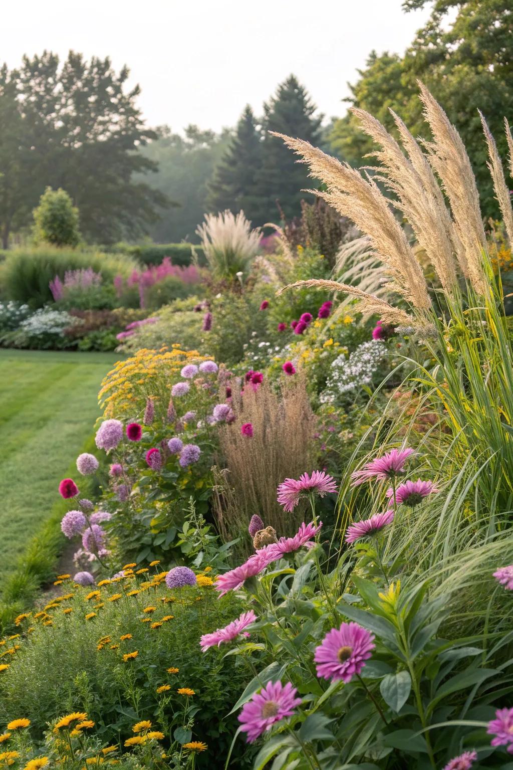 Lush greenery and ornamental grasses complement vibrant blooms.
