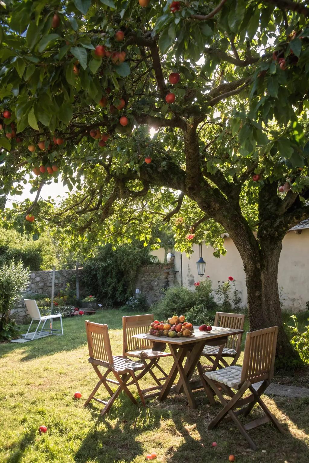 Relax in the cool shade of a large fruit tree.