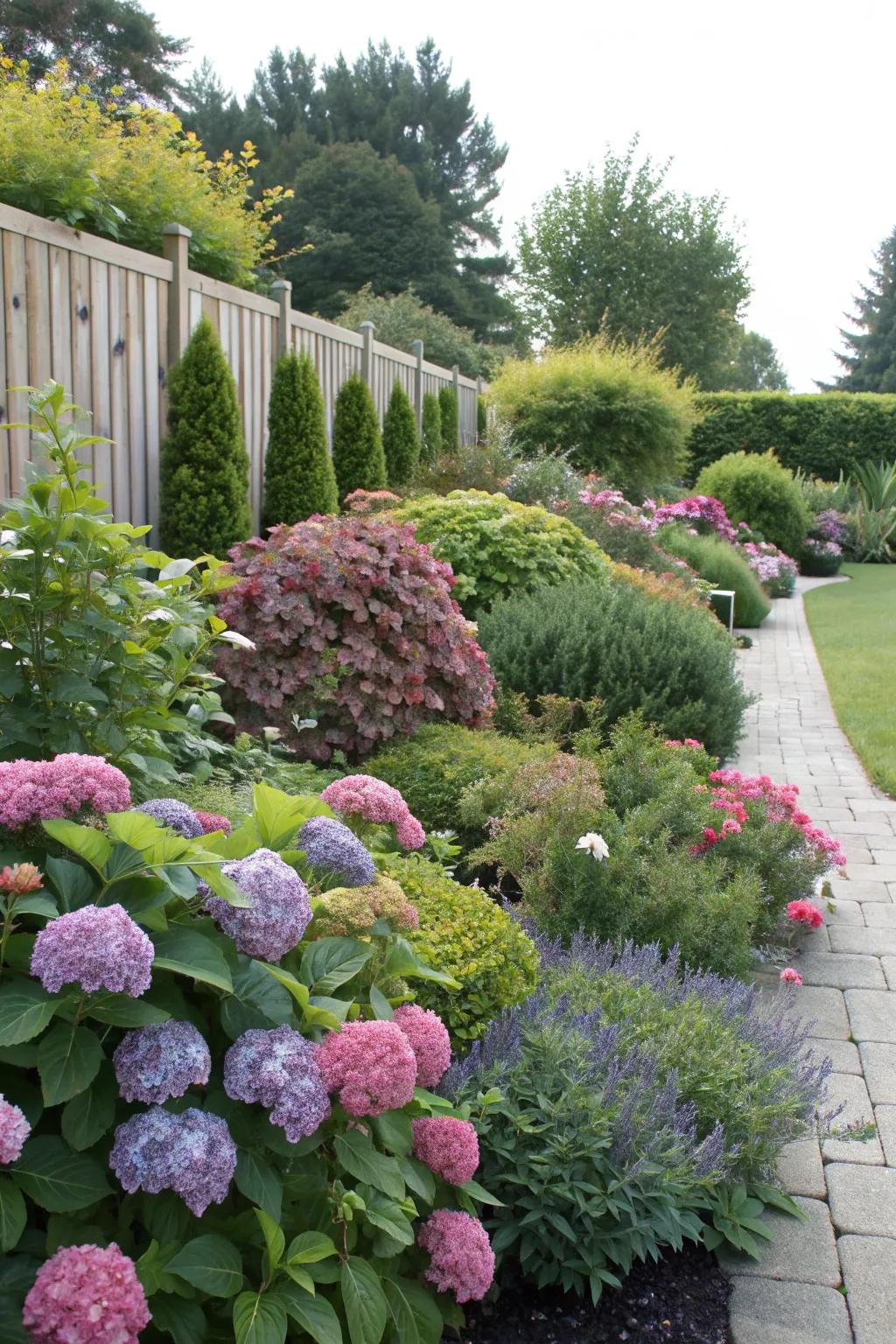Mixed planting beds with hydrangeas add depth and texture.