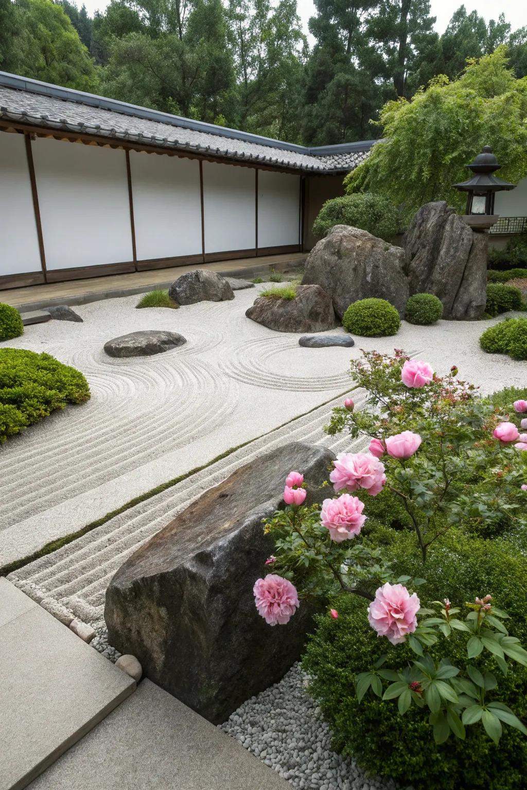 Peonies add a soft contrast to a minimalist Zen garden.