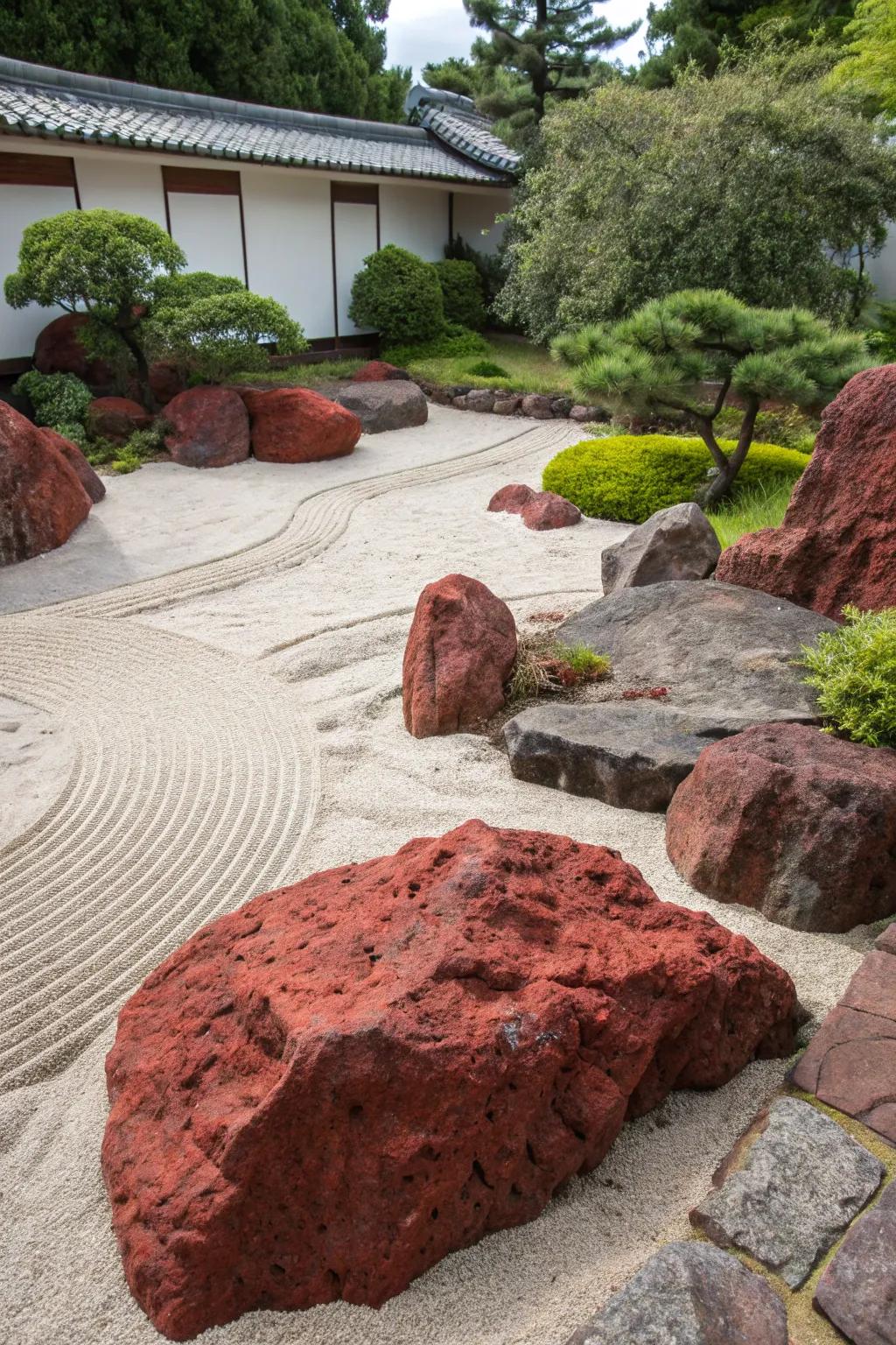 Red lava rocks bring tranquility to a Zen garden.