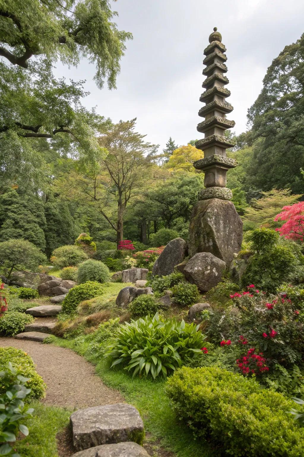 Artistic rock sculptures elevate garden aesthetics
