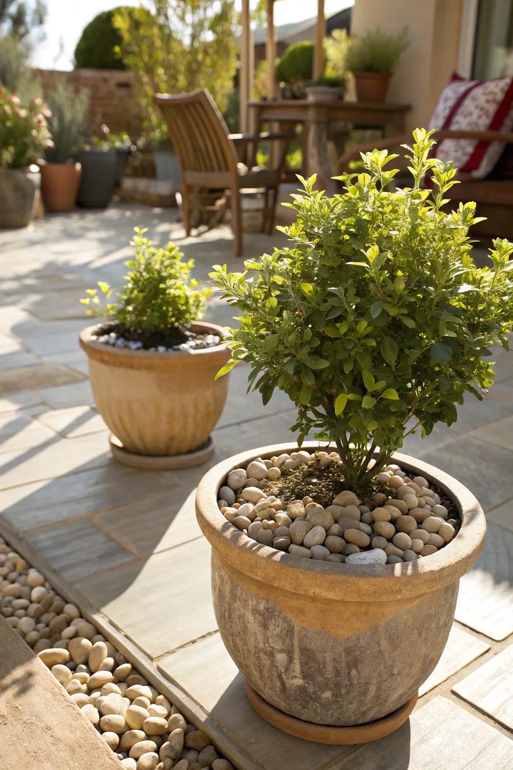 Small rocks can enhance the look and health of potted plants.