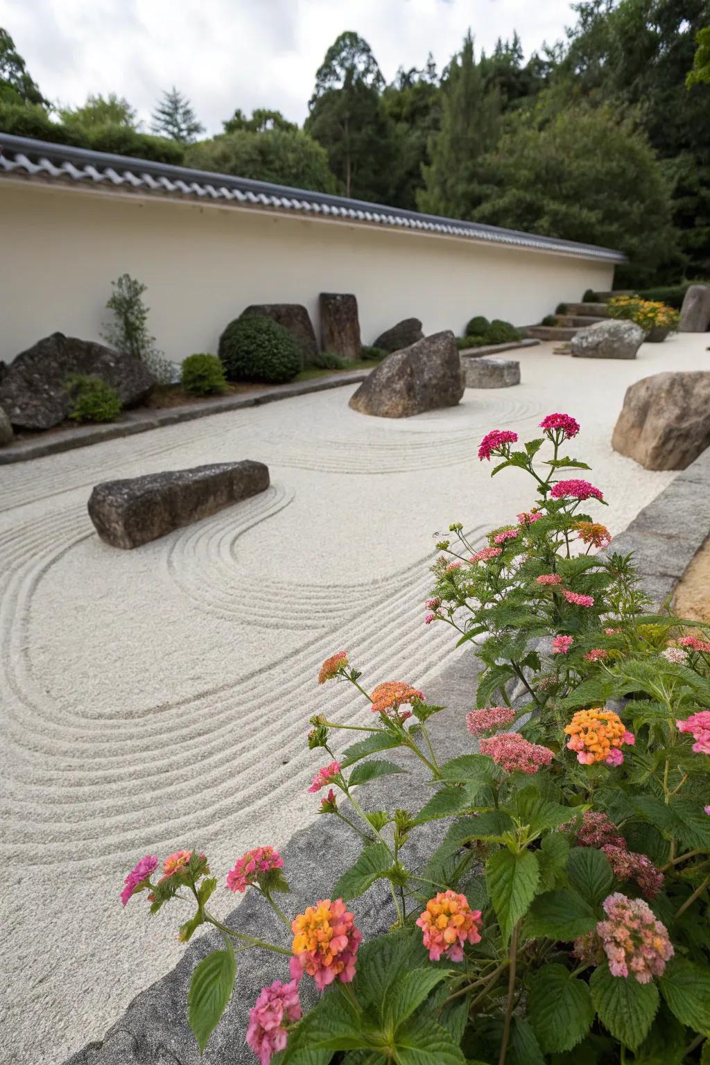 A serene Zen garden featuring lantana flowers for a tranquil retreat.