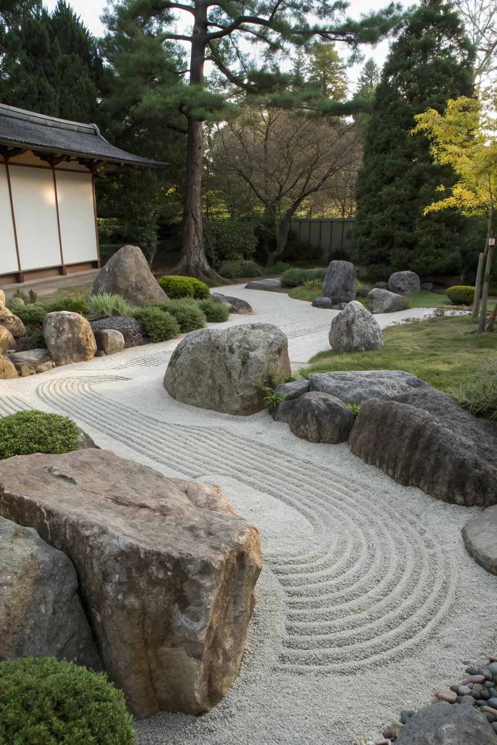 A Zen corner with boulders invites tranquility and reflection.