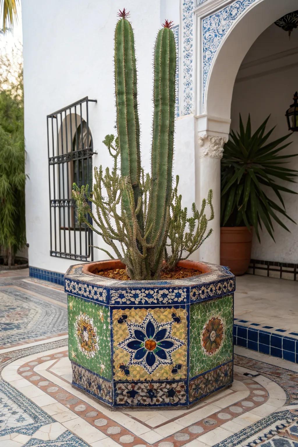 Mosaic planters add artistic flair and a touch of craftsmanship.