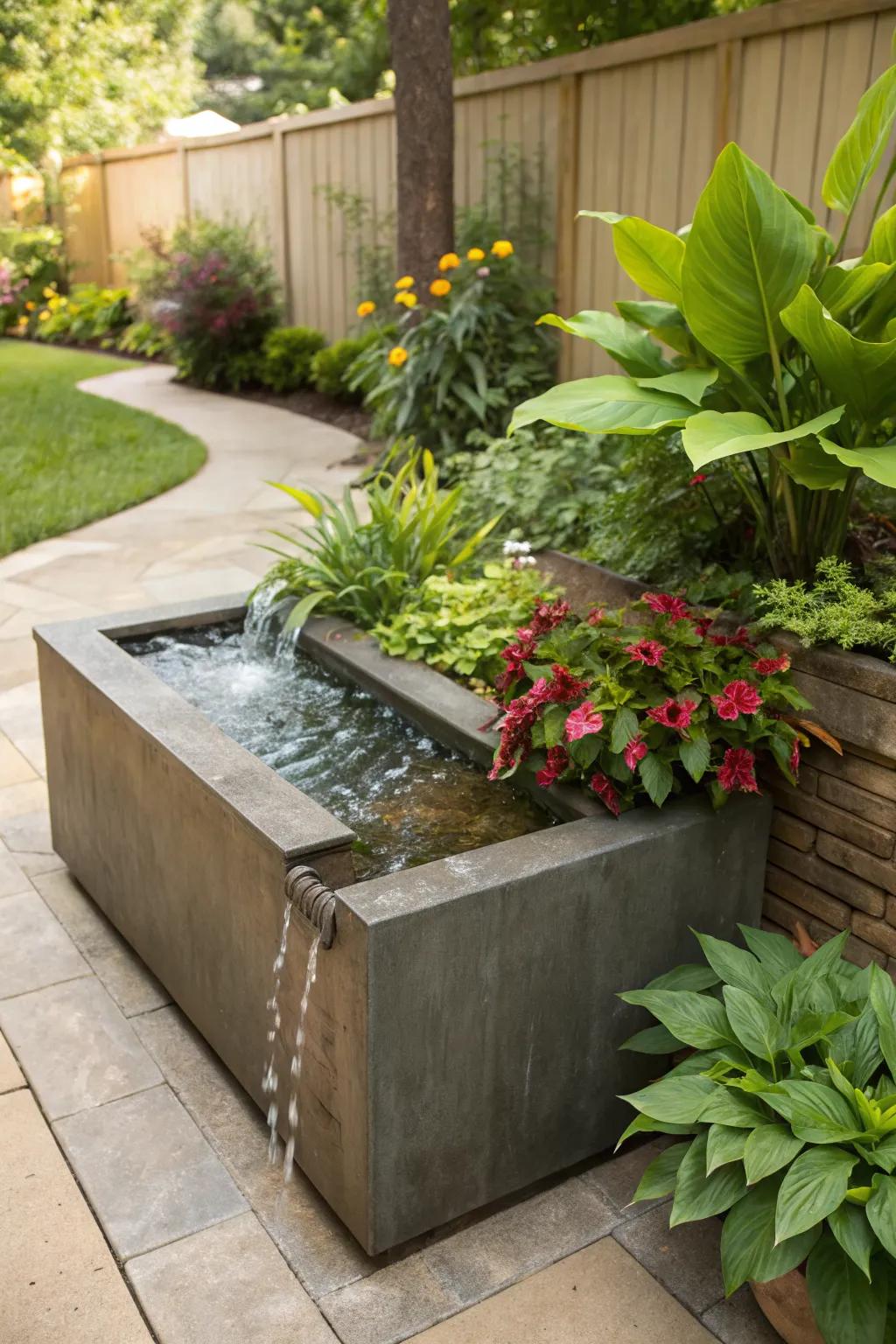 Water features add a serene touch to planter boxes.