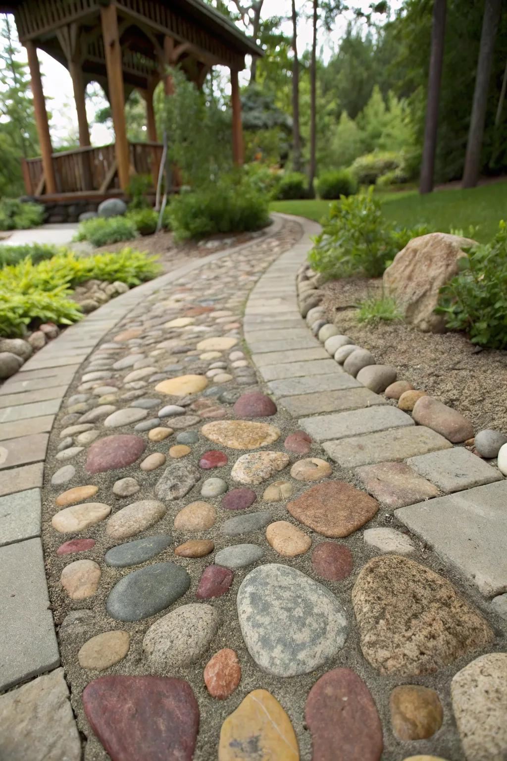 A creative mosaic walkway using river rocks.