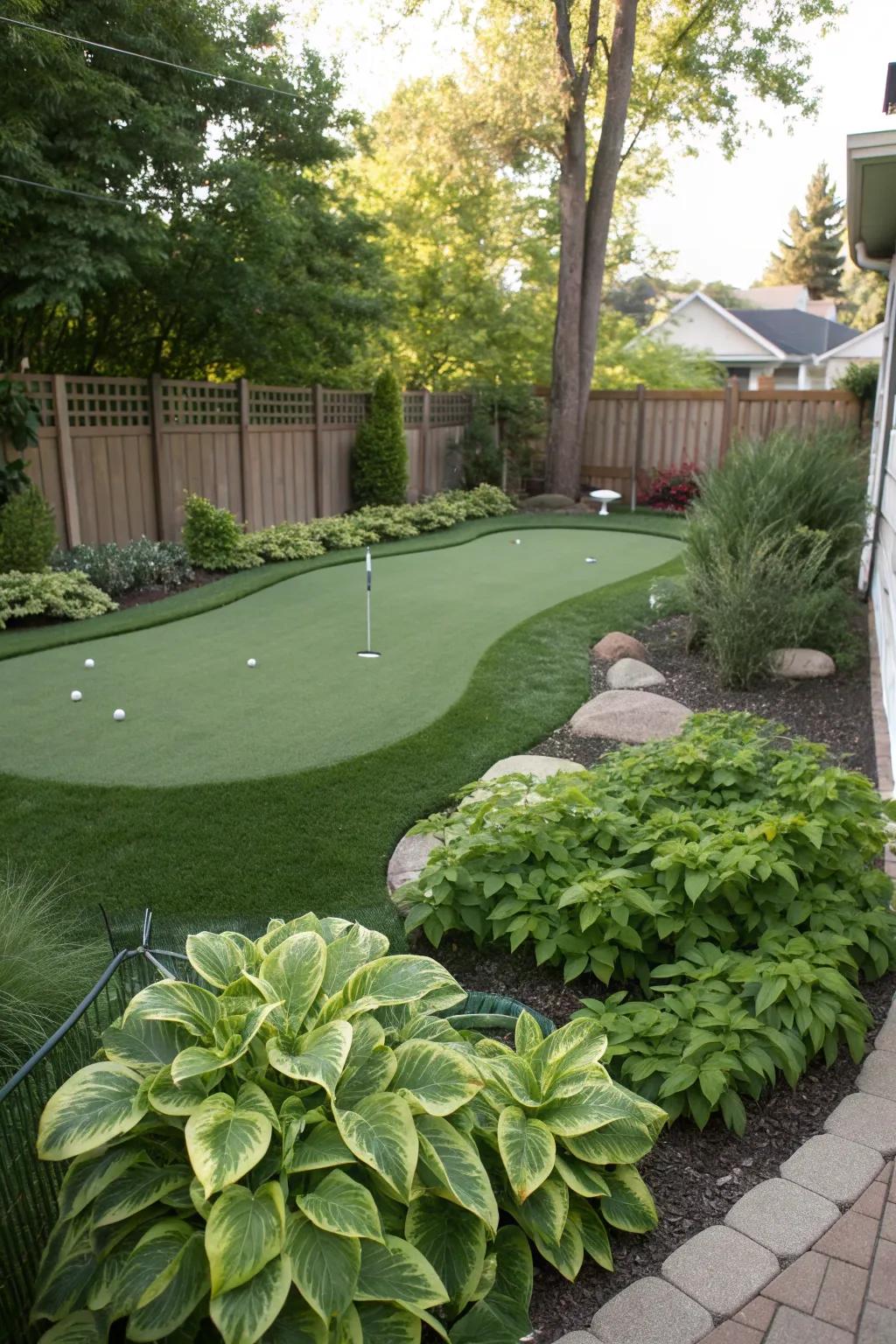 A putting green adds a playful touch to your side yard, perfect for golf lovers.
