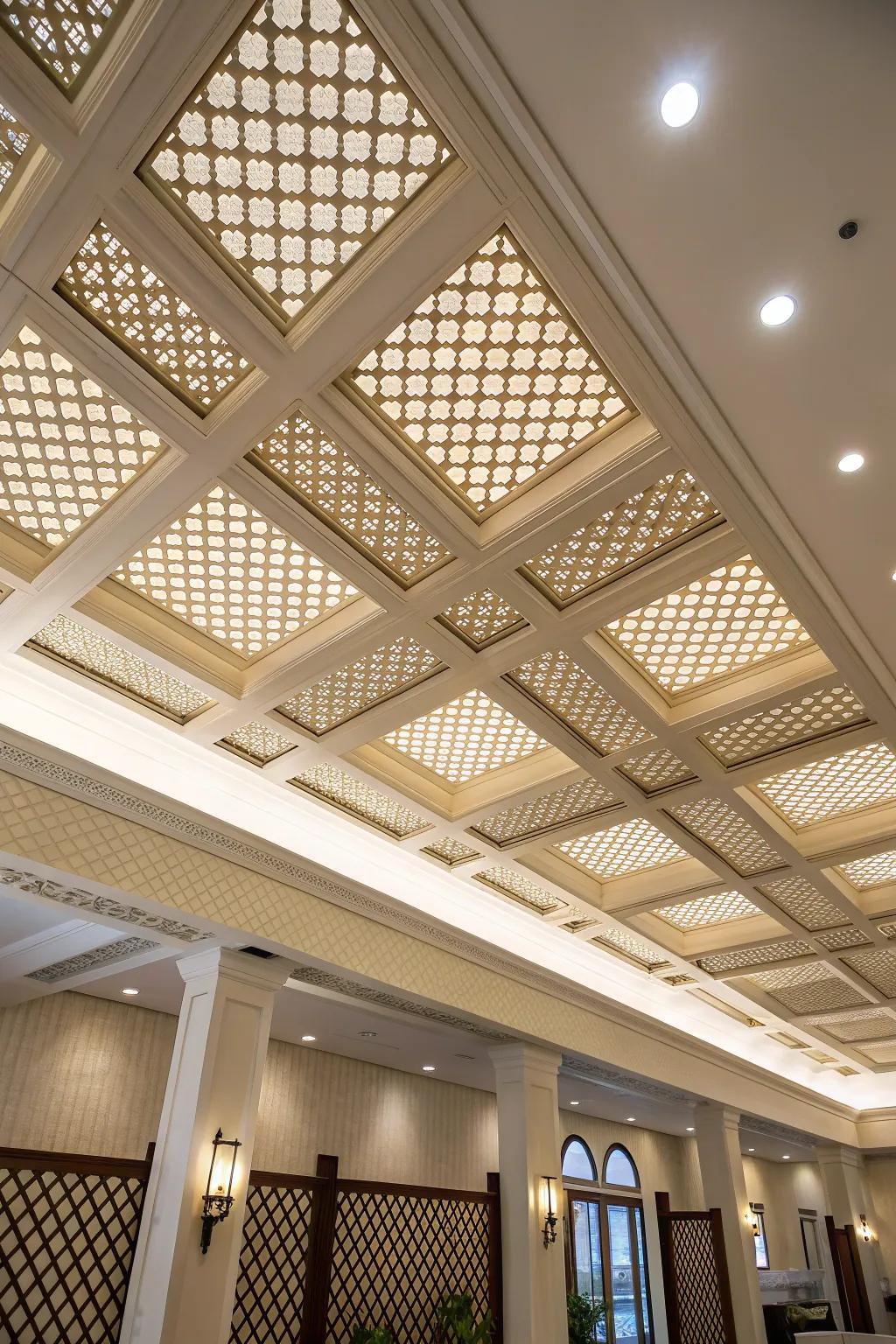 Lattice ceiling panels create a unique architectural feature.