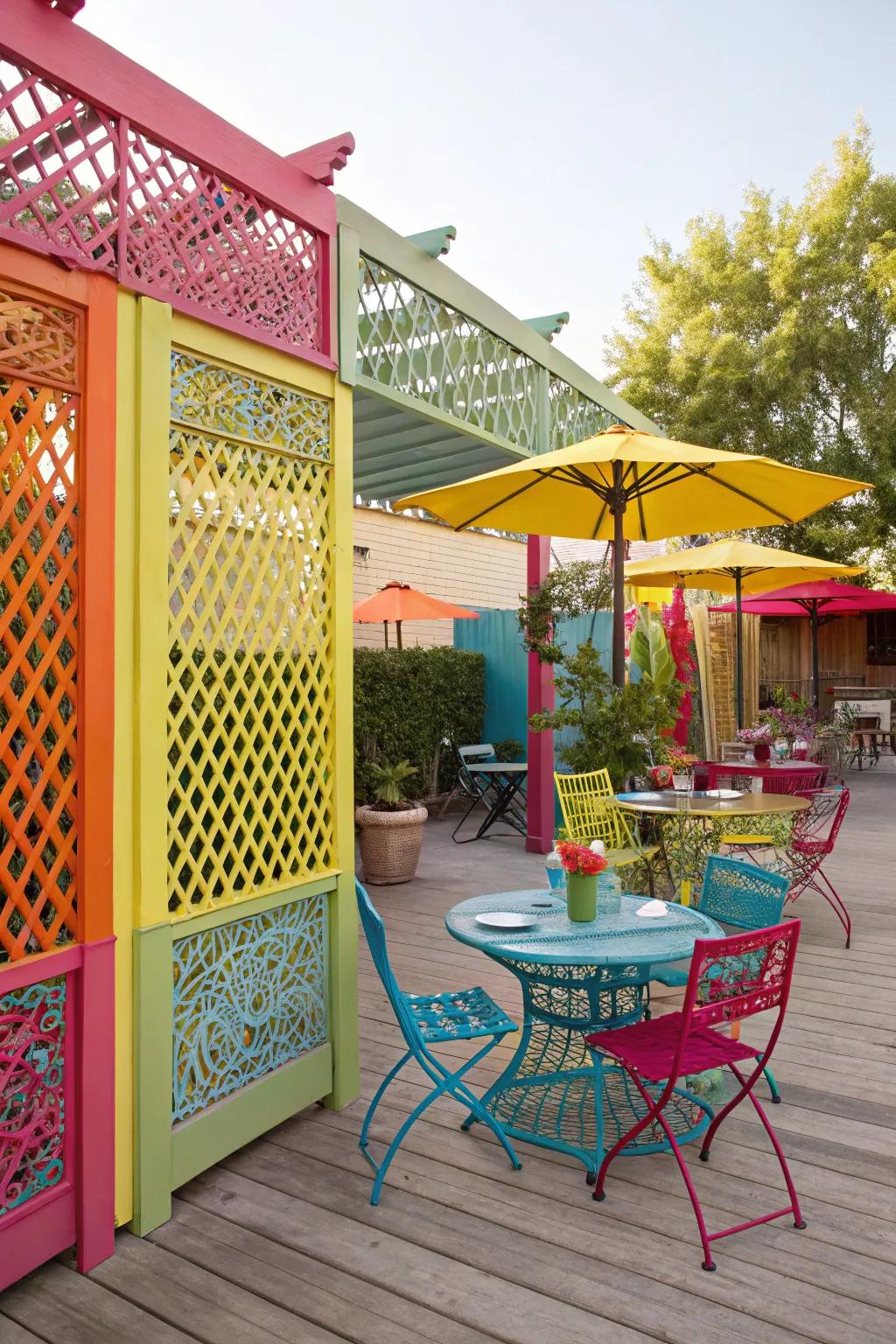 A lively patio featuring lattice panels painted in bold, cheerful colors.